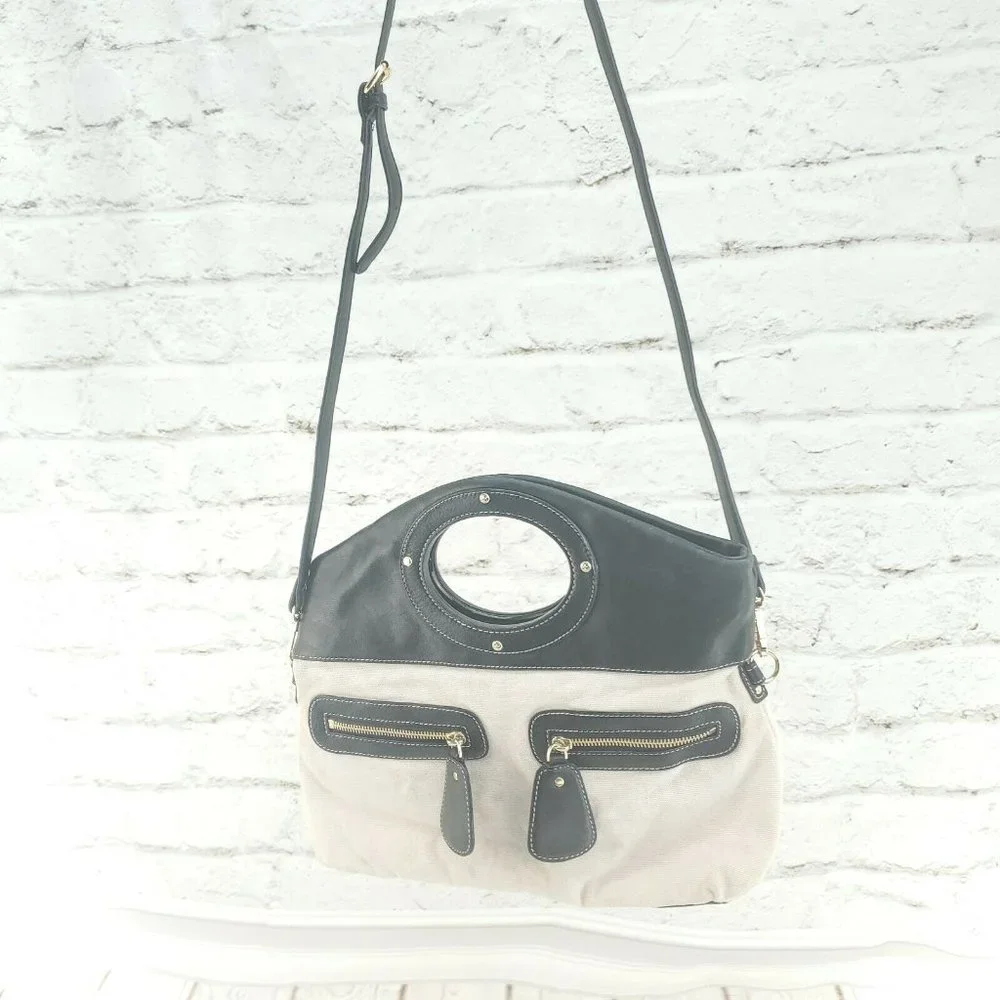 Kate Spade Womens Black Cream Canvas Leather Zip Pockets Crossbody Handb…